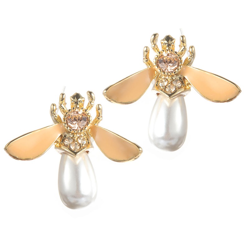 Cute Bees Ear Stud Luxury Gold Plated Gemstone Pearl Earring Jewelry for Women