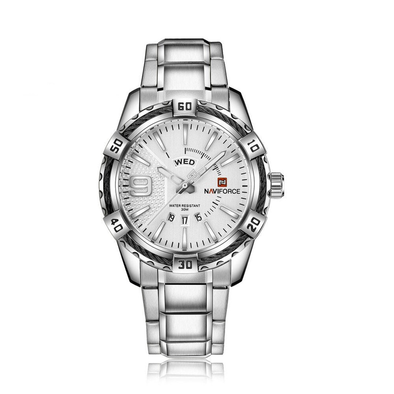 NAVIFORCE 9117S Casual Luminous Pointer with Calendar Dial Stainless Steel Strap 3ATM Waterproof Men Quartz Watch Wristwatch