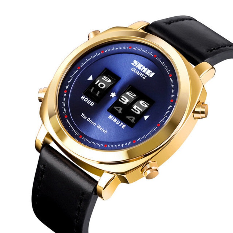SKMEI 1519 Creative Rolling Time Display Leather Strap 30M Waterproof Men Watch Quartz Watch