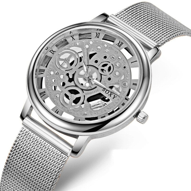 SOXY Fashion Creative Hollow Dial Stainless Steel Strap Men Quartz Watch