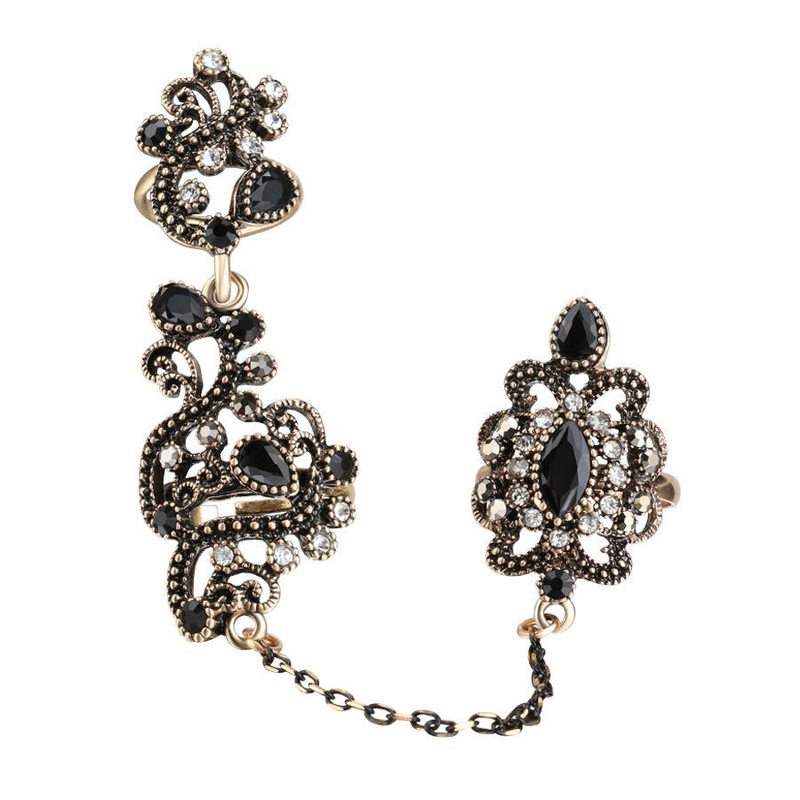 Vintage Geometric Openwork Stereoscopic Flower Rings Gold Plated Rhinestone Adjustable Double Ring