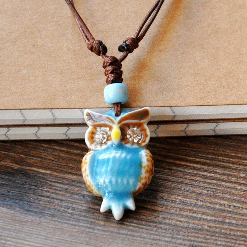 Vintage Geometric Rhinestones Owl Pendant Drawstring Necklace Ethnic Handmade Ceramic Adjustable Long Necklace