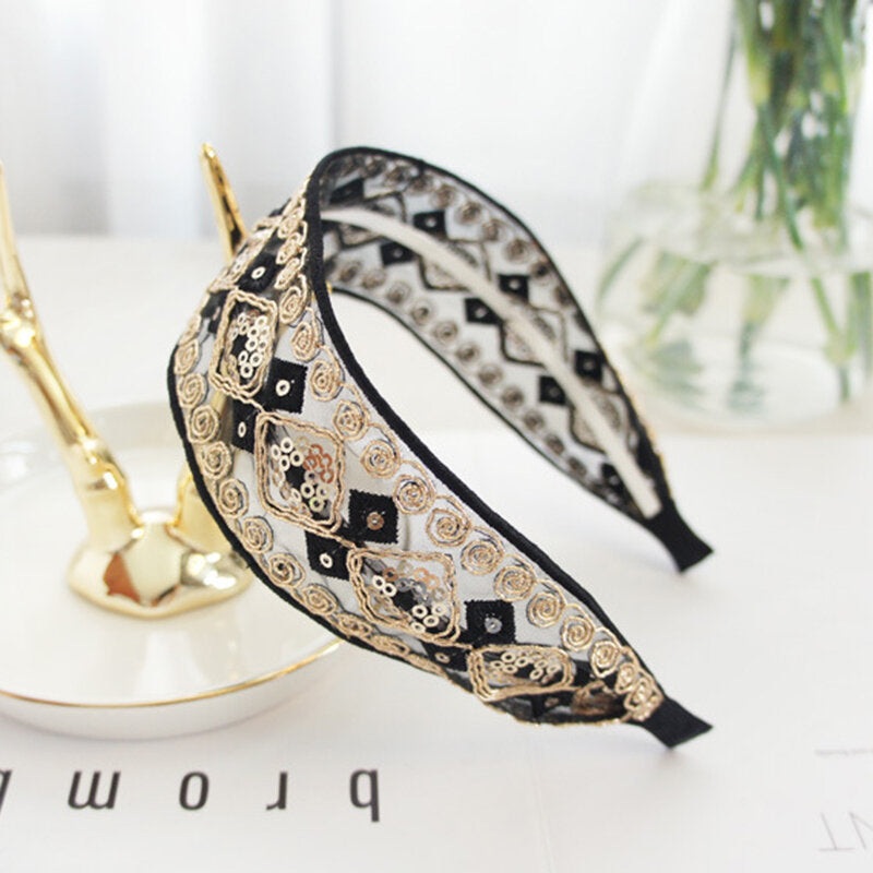Vintage Palace Lace Hairband Bohemian Geometric Diamond Sequins Embroidered Fabric Headband