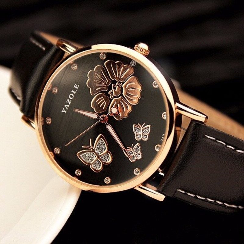YAZOLE 343 Crystal Elegant Design Ladies Wrist Watch Leather Band Quartz Watch