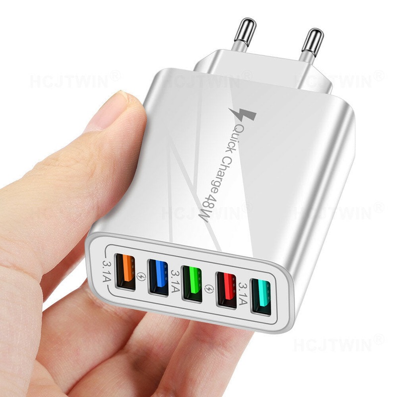 48W 5-Port USB Charger 5USB-A Fast Charging Wall Charger Adapter EU Plug US Plug for iPhone 12 13 14 14 Pro for Huawei Mate50 for Samsung Galaxy S23 for Xiaomi 13pro for Oppo Reno9 for Redmi K60