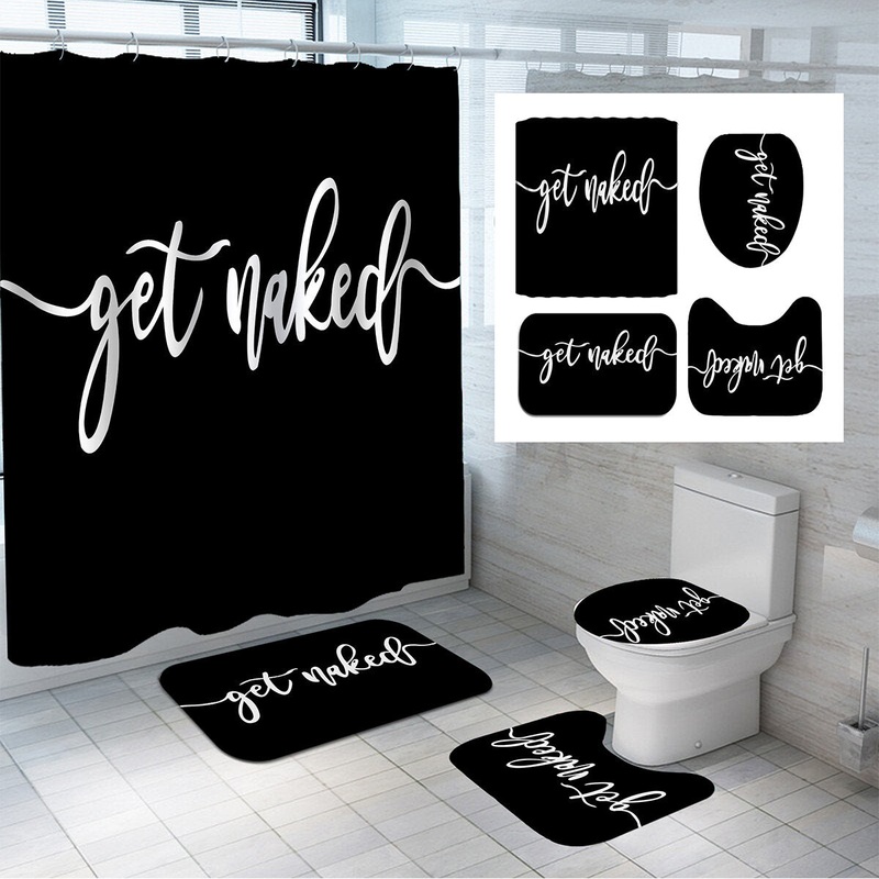 Black Letters Waterproof Shower Curtain Non-slip Bath Mat Toilet Lid Cover Pedestal Rug Set