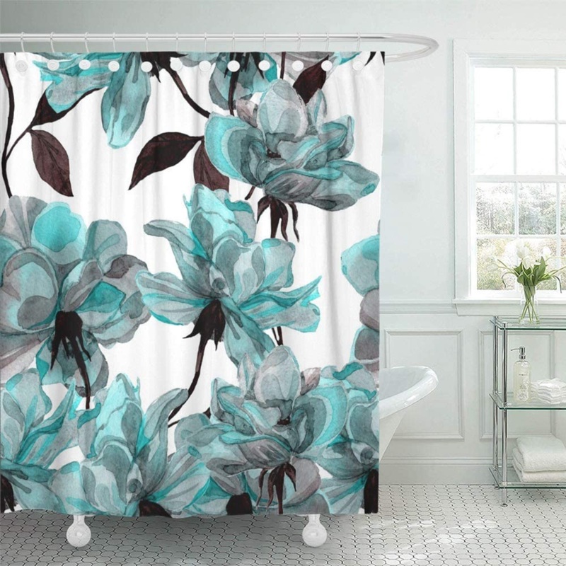 Rustic Elegant Green Flower Floral Pattern with Roses Shower Curtains Bathroom Mats Rugs Set Waterproof Shower Curtain Toilet Lid Cover Floor Mat