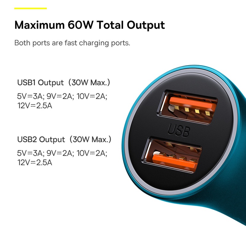 Baseus 60W 2-Port USB Car Charger Dual 30W QC3.0 Support AFC FCP SCP Fast Charging Metal Adapter For iPhone 13 Pro Max For Xiaomi 12 For Samsung Galaxy S21 5G