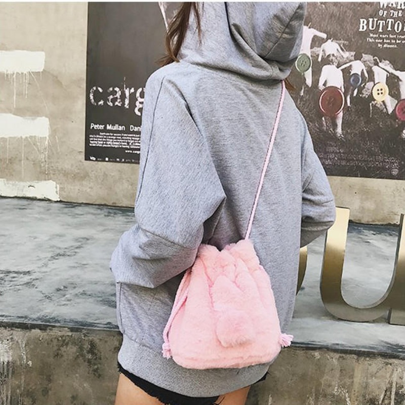 Cute Plush String Bucket Bag Shoulder Bag Crossbody  Bag For Women