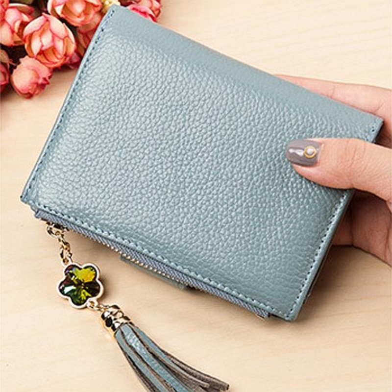 Women Casual Genuine Leather Purse 19 Card Slot Tassel Short Wallet