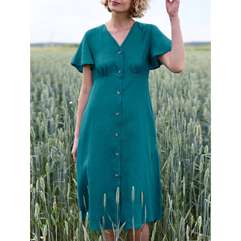 Cotton Solid Button Pocket V Neck Ruffle Casual Dress