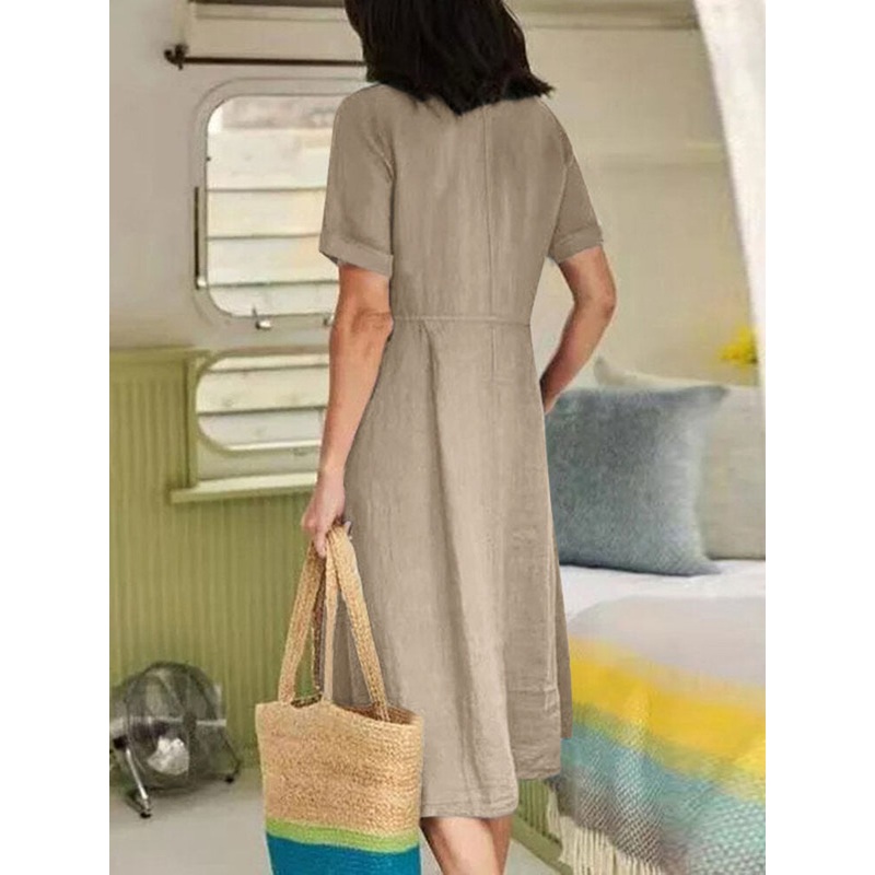 Cotton Solid Pocket Ruched Short Sleeve Casual Midi Dress