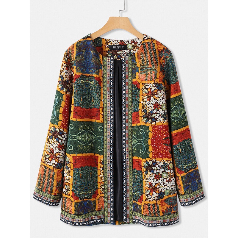 Ethnic Style Floral Print Patchwork Long Sleeve Vintage Coats With Pockets