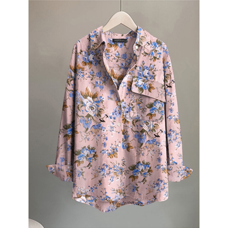 Flower Print Pocket Button Long Sleeve Shirt