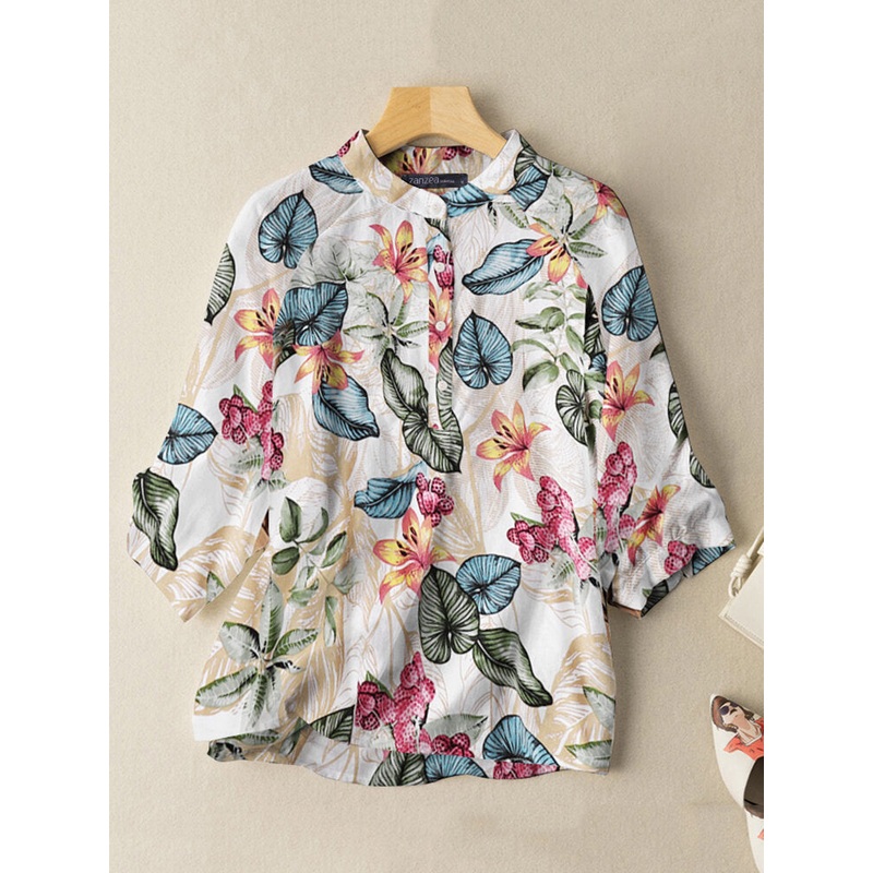 Half Sleeve Stand Collar Plant Print Button Loose Fit Blouse