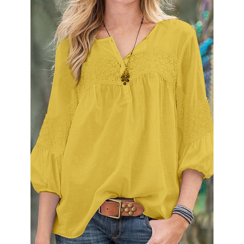 Lace Panel Crew Neck Button 3/4 Sleeve Blouse