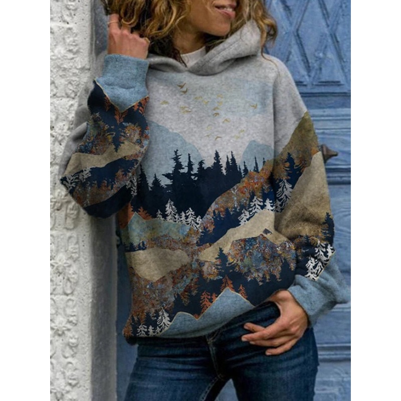 Landscape Print Hooded Long Sleeve Casual Hoodie For Women
