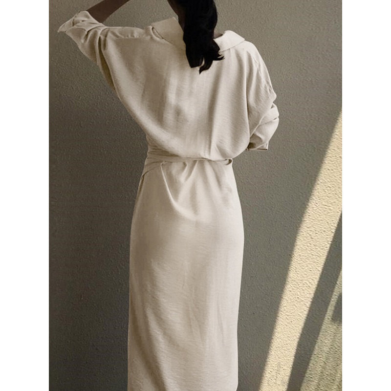 Lapel Long Sleeve V-Neck Solid Sash Midi Dress