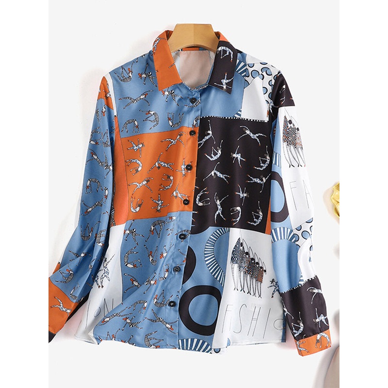 Letter Cartoon Color Block Button Lapel Long Sleeve Shirt