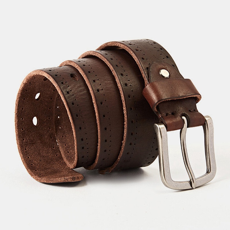 Men Genuine Leather Cowhide Hollow 110/115/120/125/130CM Retro Casual Pin Buckle Breathable Jeans Suits Belt