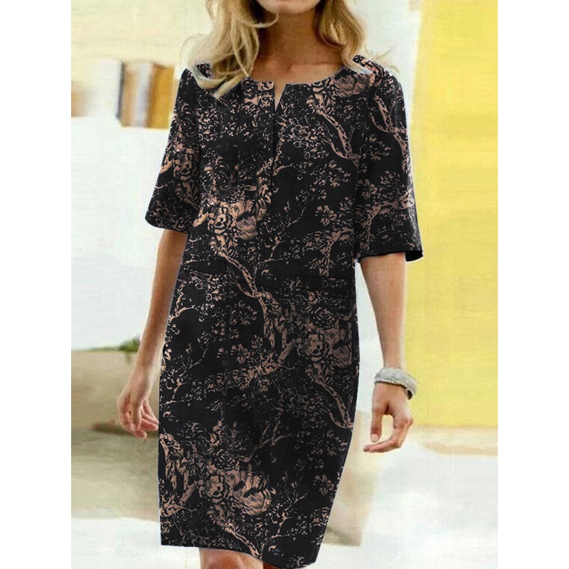 Plant Print Half Open Collar Half Sleeve Midi Dress