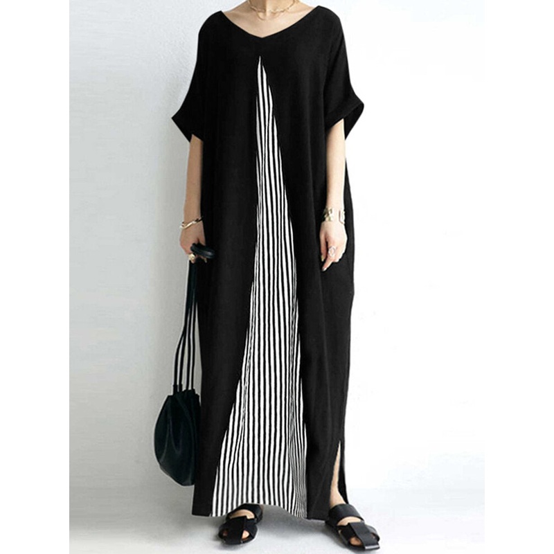 Pocket Short Sleeve Splicing Striped Color Block Maxi Dress