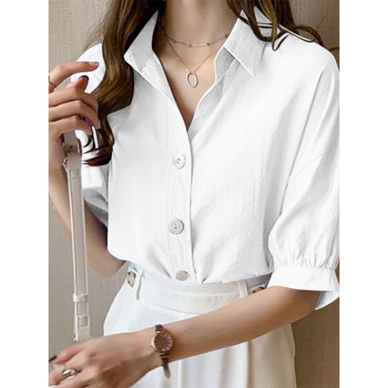 Solid Button Ruched Lapel Half Sleeve Casual Shirt