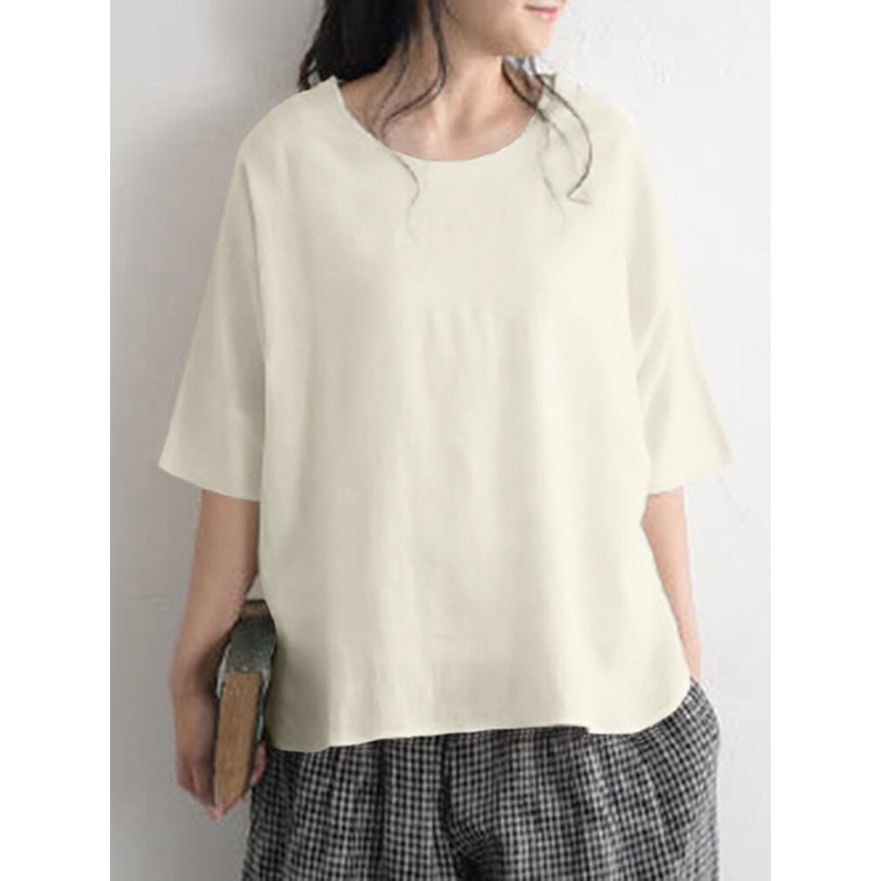 Solid Cotton Half Sleeve Round Neck Slit Hem Casual Blouse