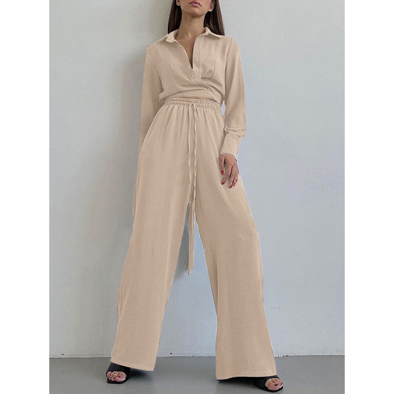 Solid Drawstring Elastic Waist Pocket Button Two Pieces Set