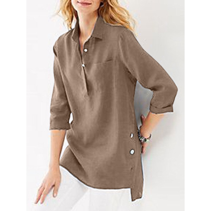 Solid High-low Pocket Button Half Placket 3/4 Sleeve Blouse