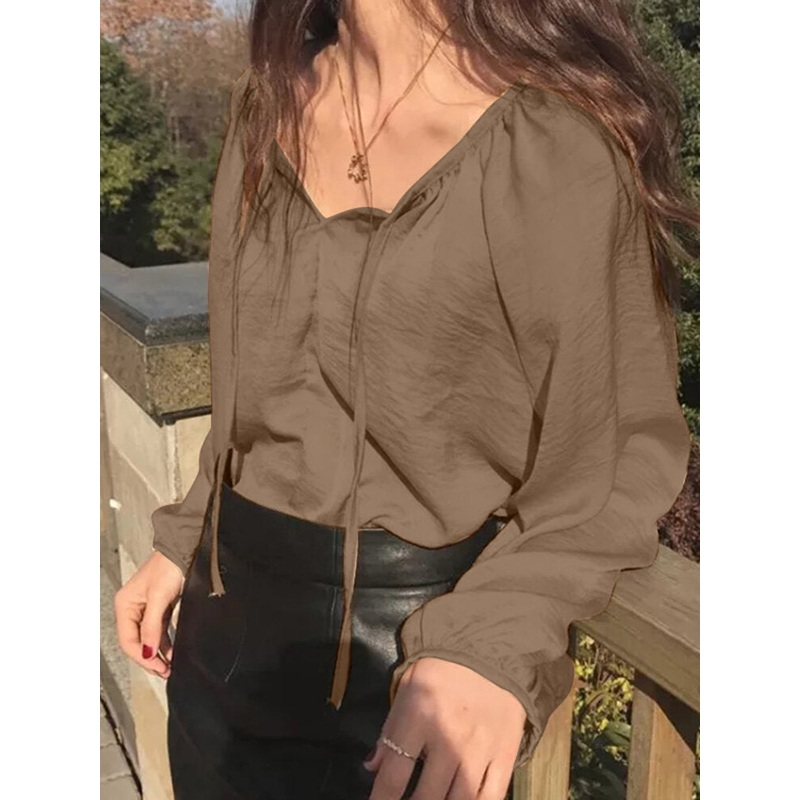 Solid Knotted V Neck Raglan Sleeve Blouse
