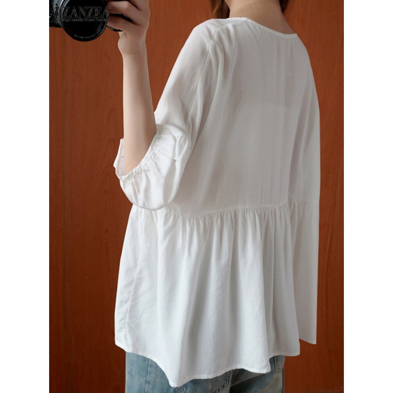 Solid Loose Button Ruched 3/4 Sleeve Round Neck Blouse