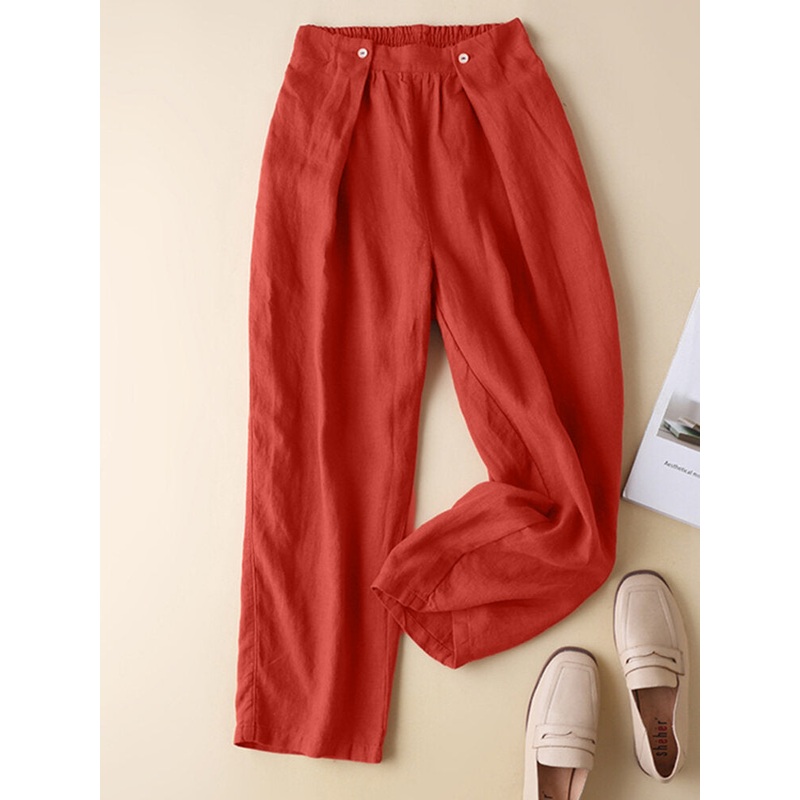 Solid Pocket Elastic Waist Casual Straight Leg Pants