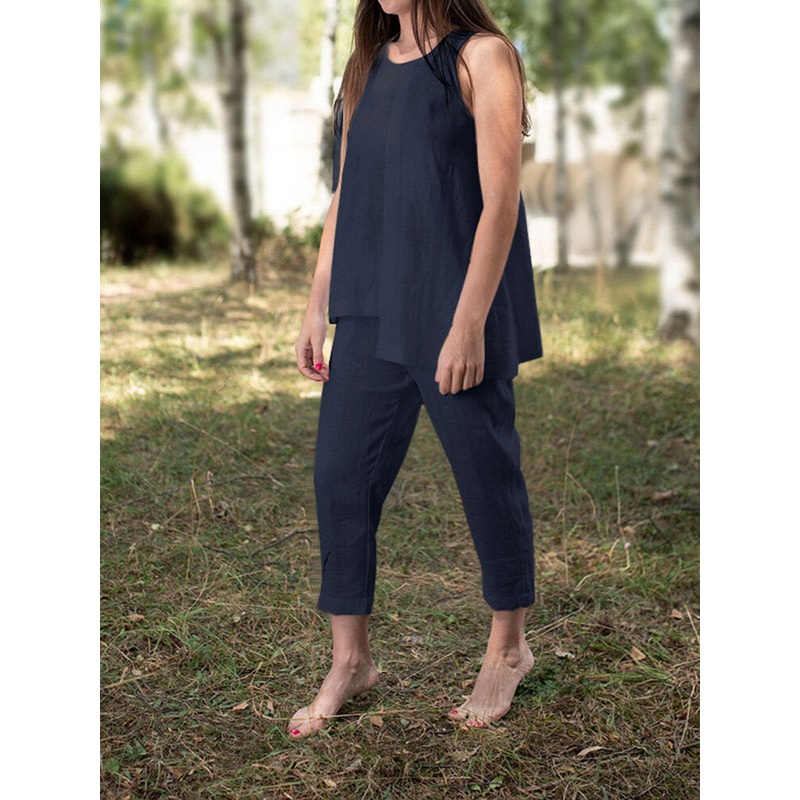 Solid Round Neck Sleeveless Irregular Hem Casual Cotton Suit