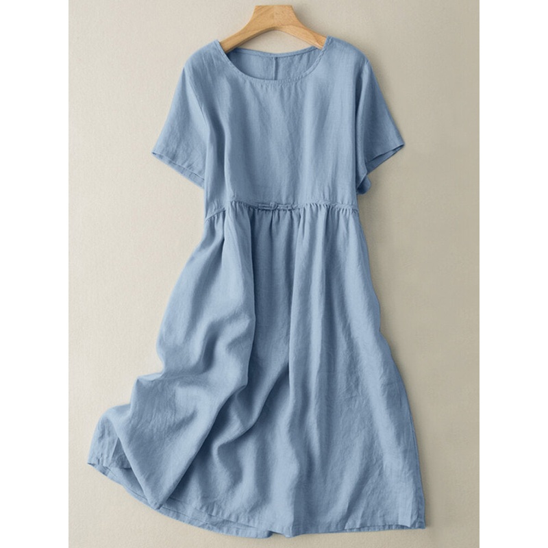 Solid Ruched Round Neck Short Sleeve Casual Cotton Midi Dress
