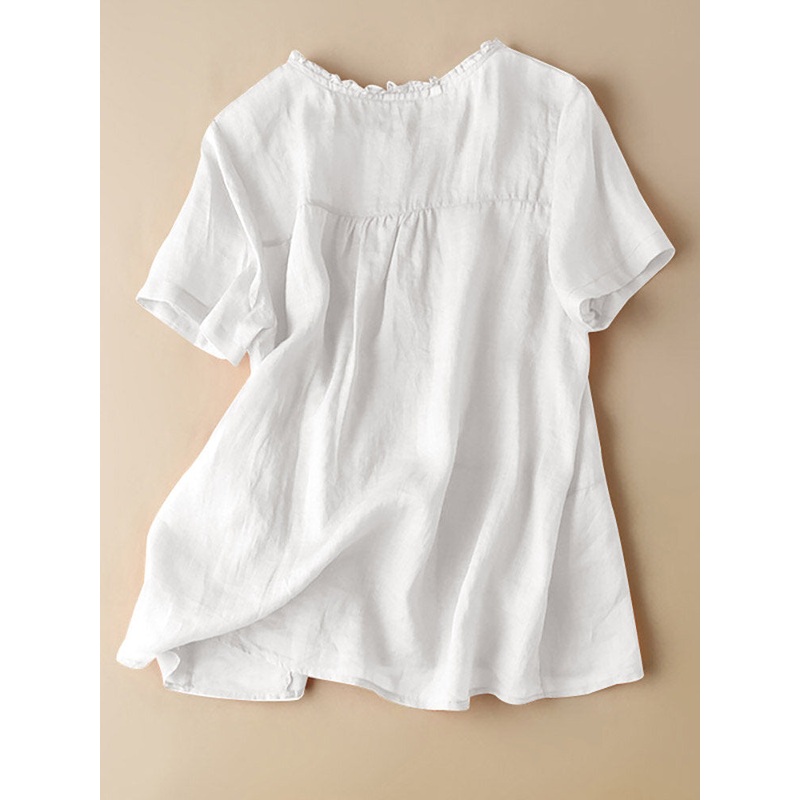 Solid Short Sleeve Button Front Crew Neck Loose Blouse