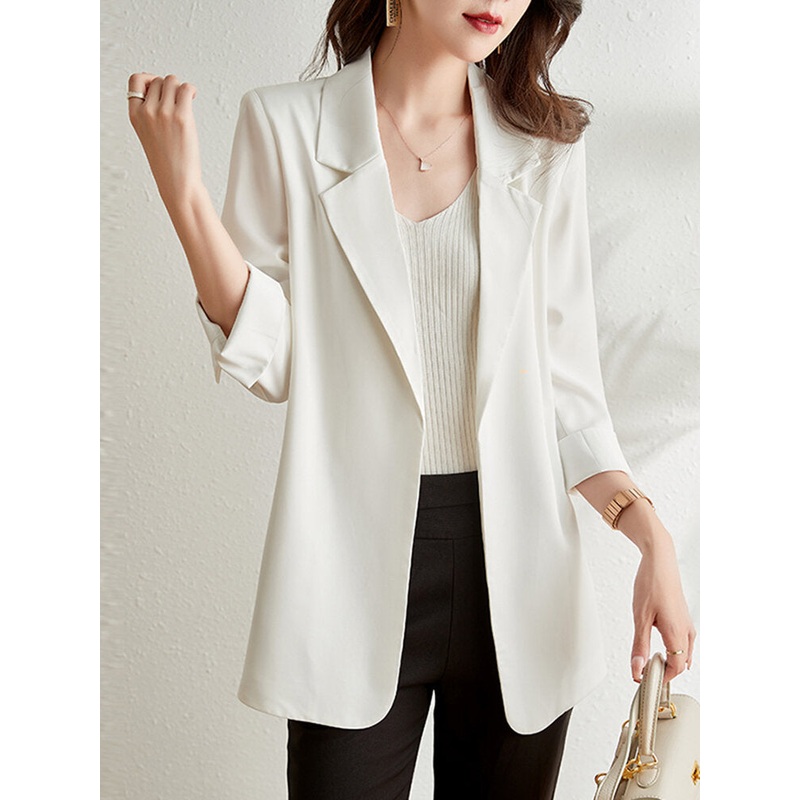 Solid Slit Hem Lapel 3/4 Sleeve Blazer