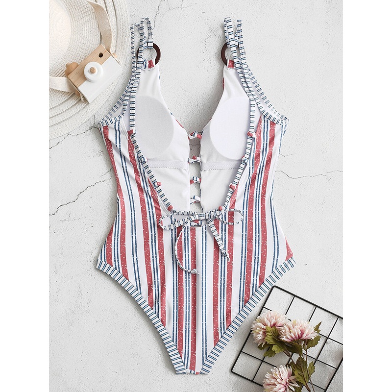 Spaghetti Straps Stripe Print Deep Backless Hot Swimwear