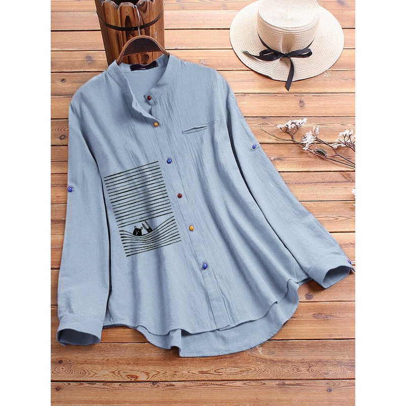 Stripe Cartoon Print Irregular Hem Long Sleeve Colorful Button Shirts