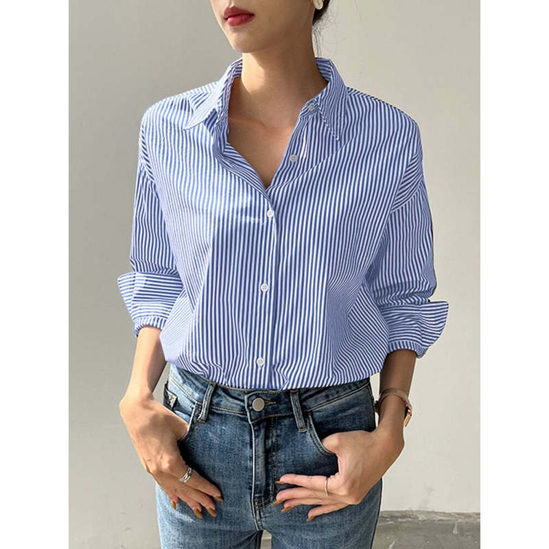 Stripe Print Long Sleeve Button Front Lapel Shirt