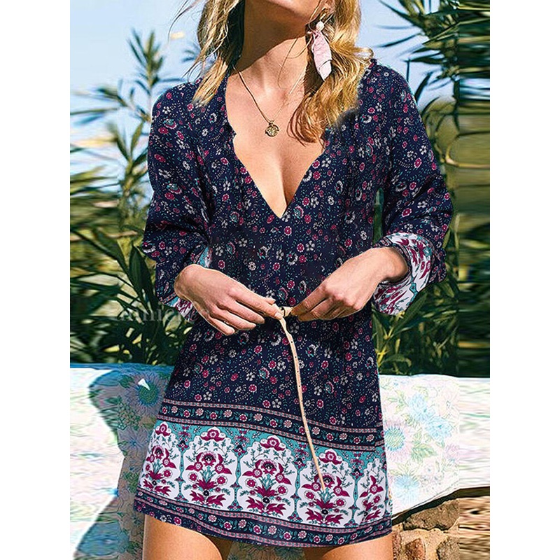 V-Neck Floral Printed Elastic Cuff Leisure Bohemian Dress For Women