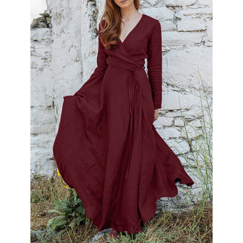 V-Neck Long Sleeve Sash Solid Brief Maxi Dress