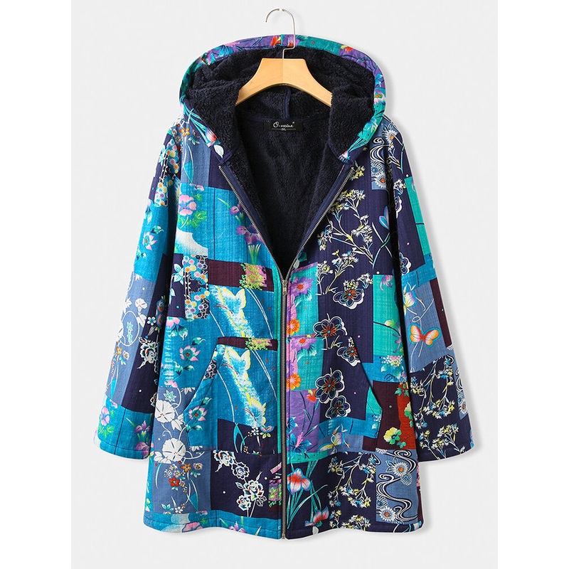 Vintage Floral Print Fleece Thick Plus Size Hooded Coat With Pockets