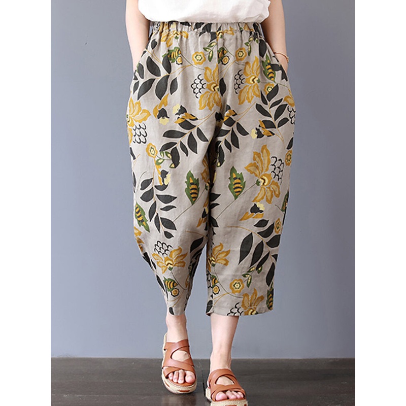 Vintage Women Floral Print Elastic Waist Pants with Pockets