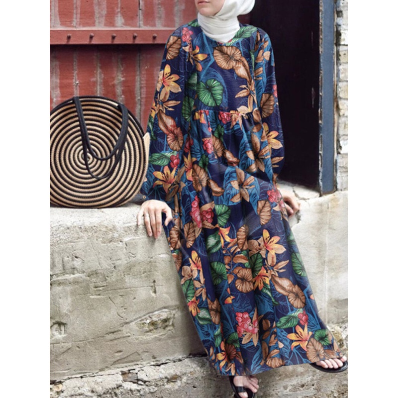 Women Abaya Kaftan Puff Sleeve Floral Bohemian Ankle Length Dress