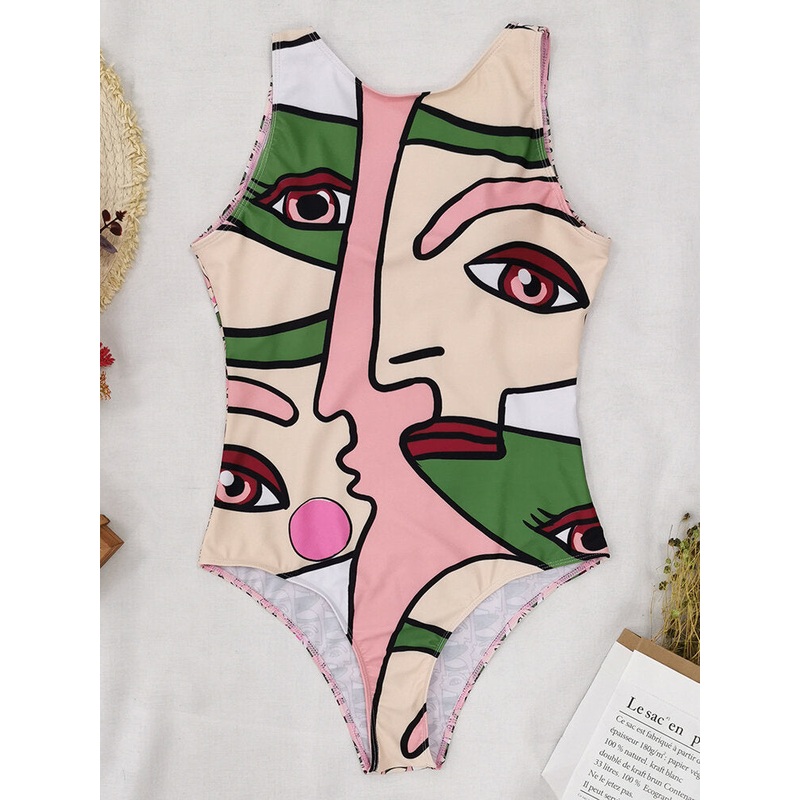 Women Abstract Figure Print Backless Wide Straps Slmming One Piece