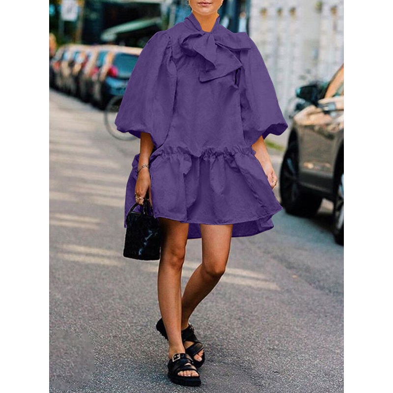 Women Bow Collar Puff Sleeve Ruffle Hem Pleated Stitching Short Doll Dress