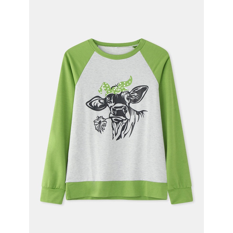 Women Cartoon Animal Print O-Neck Contrast Raglan Sleeve Casual Blouses