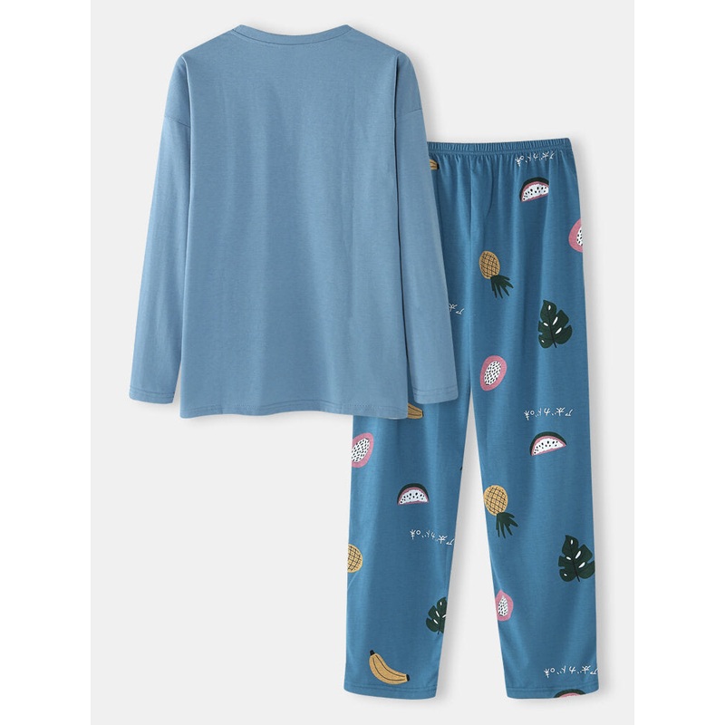 Women Cartoon Fruit Print O-Neck Loose Pants Cotton Comfy Plus Size Home Pajamas Sets