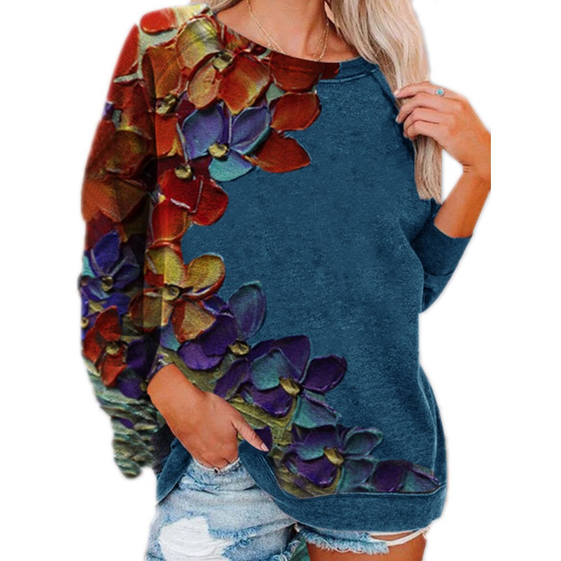 Women Colorful Flower Print Long Sleeves O-Neck Casual Sweatshirt